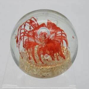 Murano Art Glass Red Flower Sphere Paperweight Aventurine & Controlled Bubbles